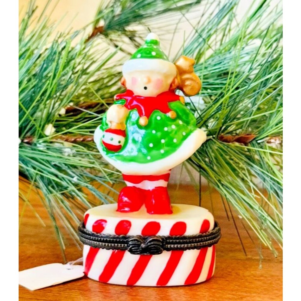 Trinket Box Hinged Christmas Figurine Santas Elf Candy Cane Ceramic 3" Tall